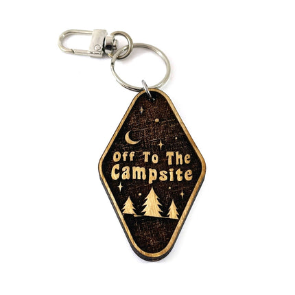 Off To The Campsite – Wooden Laser-Cut Keychain with Clip