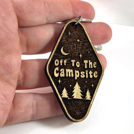 Off To The Campsite – Wooden Laser-Cut Keychain with Clip