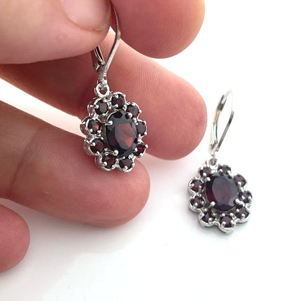 Garnet Cluster Sterling Silver Earrings – January Birthstone Leverback Dangles, Handmade in Raleigh