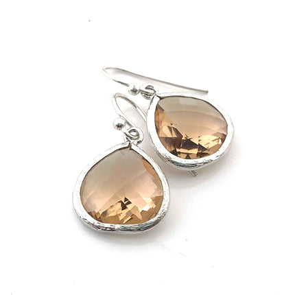 Peach Crystal Teardrop Sterling Silver Earrings – Faceted Drop Dangles, Handmade