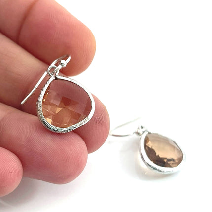 Peach Crystal Teardrop Sterling Silver Earrings – Faceted Drop Dangles, Handmade