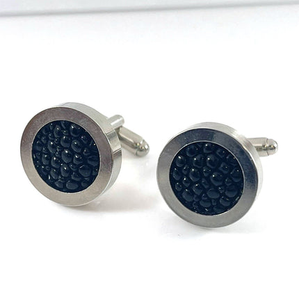 Upcycled Stingray Leather Cufflinks – Stainless Steel Round Men’s Cufflinks, Handmade in Raleigh