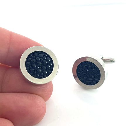 Upcycled Stingray Leather Cufflinks – Stainless Steel Round Men’s Cufflinks, Handmade in Raleigh