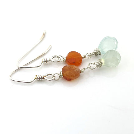 Aquamarine & Carnelian Earrings – Sterling Silver Wire Wrapped Gemstone Dangles (1.5”)