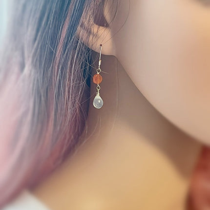 Aquamarine & Carnelian Earrings – Sterling Silver Wire Wrapped Gemstone Dangles (1.5”)