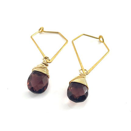Purple Hydro Quartz Earrings – Brass Diamond-Shaped Dangles, Hand Wire Wrapped Briolette Earrings (1.5”)