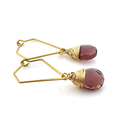 Purple Hydro Quartz Earrings – Brass Diamond-Shaped Dangles, Hand Wire Wrapped Briolette Earrings (1.5”)