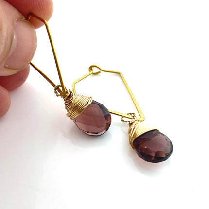 Purple Hydro Quartz Earrings – Brass Diamond-Shaped Dangles, Hand Wire Wrapped Briolette Earrings (1.5”)