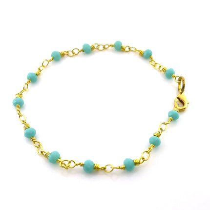 Aqua Czech Glass Bead Rosary Bracelet – Gold Plated Chain, 7.5" Stacking Bracelet, Handmade in Raleigh