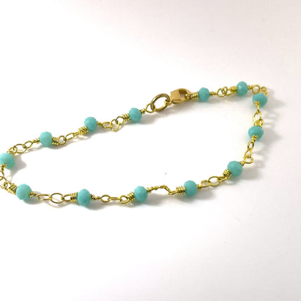 Aqua Czech Glass Bead Rosary Bracelet – Gold Plated Chain, 7.5" Stacking Bracelet, Handmade in Raleigh