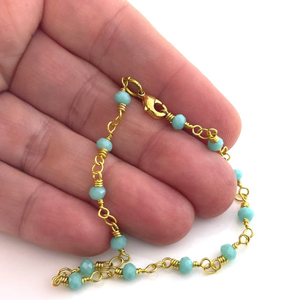 Aqua Czech Glass Bead Rosary Bracelet – Gold Plated Chain, 7.5" Stacking Bracelet, Handmade in Raleigh