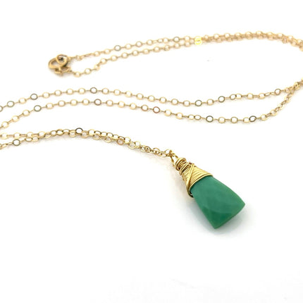 Chrysoprase Wire Wrapped Necklace – Green Gemstone Briolette, 14k Gold Filled, 16" Handmade Chain