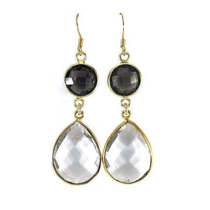 Smokey Quartz & Clear Quartz Drop Earrings – 14k Gold Filled, 2" Dangle, Handmade in Raleigh