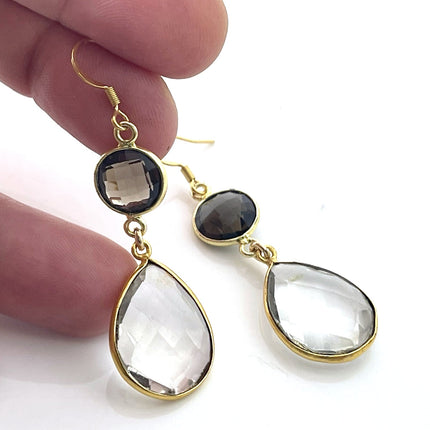 Smokey Quartz & Clear Quartz Drop Earrings – 14k Gold Filled, 2" Dangle, Handmade in Raleigh