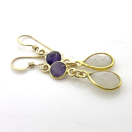 Amethyst & Moonstone Dangle Earrings – 14k Gold Filled, 1.5" Handmade in Raleigh