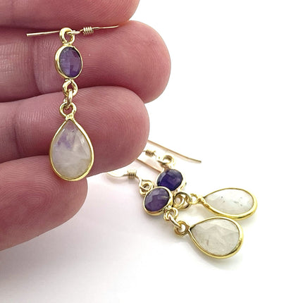 Amethyst & Moonstone Dangle Earrings – 14k Gold Filled, 1.5" Handmade in Raleigh