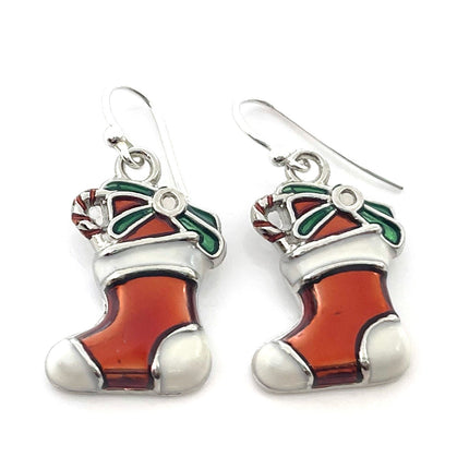 Enameled Christmas Stocking Earrings – Sterling Silver Hooks, Handmade in Raleigh, Stocking Stuffer for Her