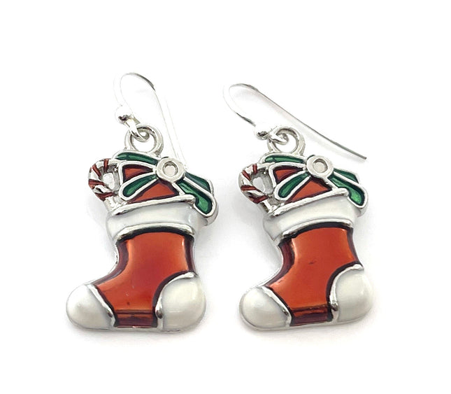 Enameled Christmas Stocking Earrings – Sterling Silver Hooks, Handmade in Raleigh, Stocking Stuffer for Her