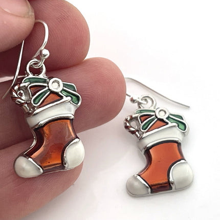Enameled Christmas Stocking Earrings – Sterling Silver Hooks, Handmade in Raleigh, Stocking Stuffer for Her