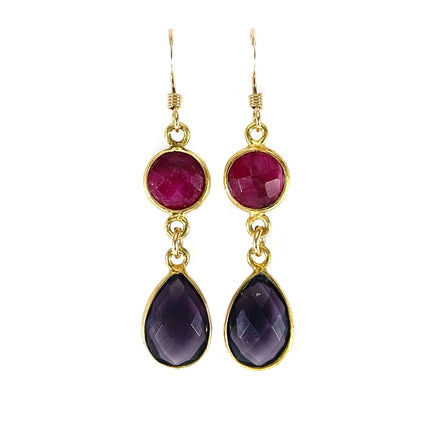 Dyed Ruby & Amethyst Gemstone Drop Earrings – 14k Gold Filled Bezels – Handmade in Raleigh NC – 1.5" Gift-Boxed Jewelry