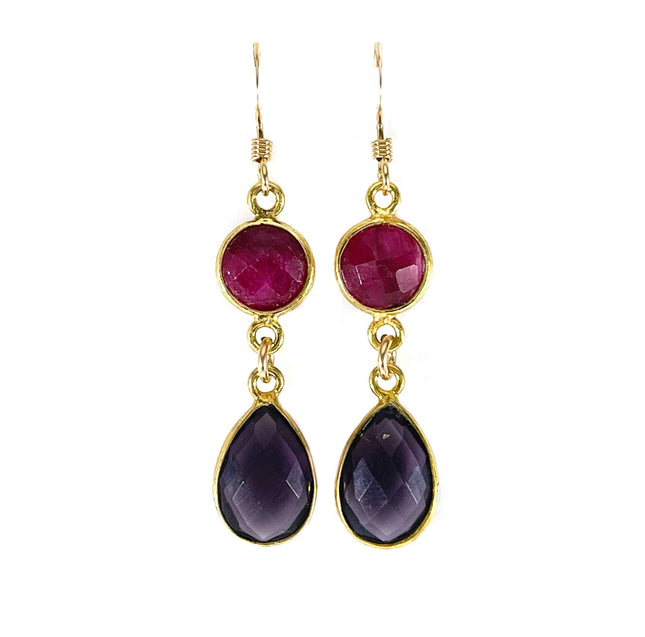 Dyed Ruby & Amethyst Gemstone Drop Earrings – 14k Gold Filled Bezels – Handmade in Raleigh NC – 1.5" Gift-Boxed Jewelry