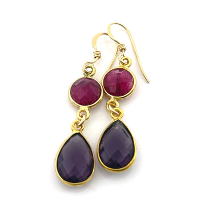 Dyed Ruby & Amethyst Gemstone Drop Earrings – 14k Gold Filled Bezels – Handmade in Raleigh NC – 1.5" Gift-Boxed Jewelry