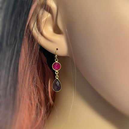 Dyed Ruby & Amethyst Gemstone Drop Earrings – 14k Gold Filled Bezels – Handmade in Raleigh NC – 1.5" Gift-Boxed Jewelry