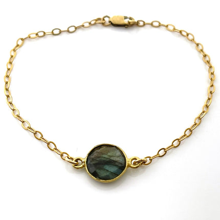 Flash Labradorite Bezel Bracelet – 14k Gold Filled Chain – Handmade in Raleigh NC – 7.25" with Lobster Clasp, Gift Box Included