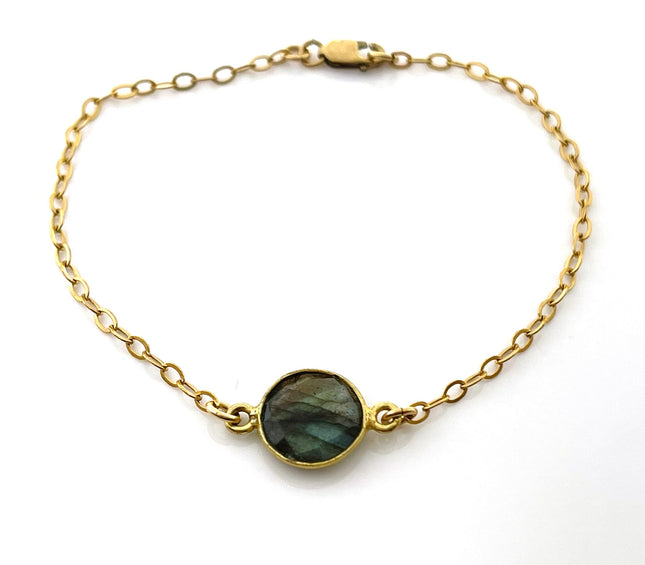 Flash Labradorite Bezel Bracelet – 14k Gold Filled Chain – Handmade in Raleigh NC – 7.25" with Lobster Clasp, Gift Box Included