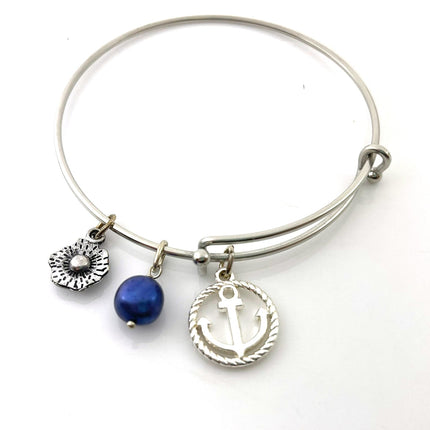 Stainless Steel Adjustable Charm Bangle – Freshwater Pearl, Flower & Anchor Charms – Handmade in Raleigh NC – Gift Box Included