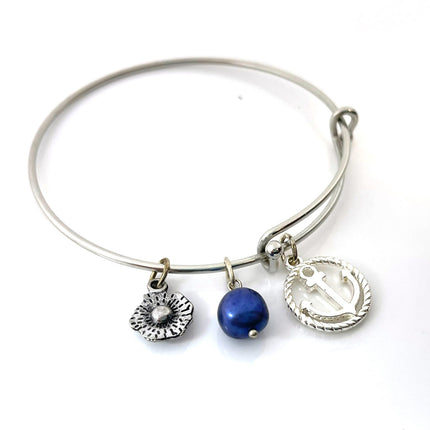 Stainless Steel Adjustable Charm Bangle – Freshwater Pearl, Flower & Anchor Charms – Handmade in Raleigh NC – Gift Box Included