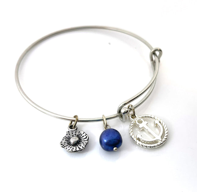 Stainless Steel Adjustable Charm Bangle – Freshwater Pearl, Flower & Anchor Charms – Handmade in Raleigh NC – Gift Box Included