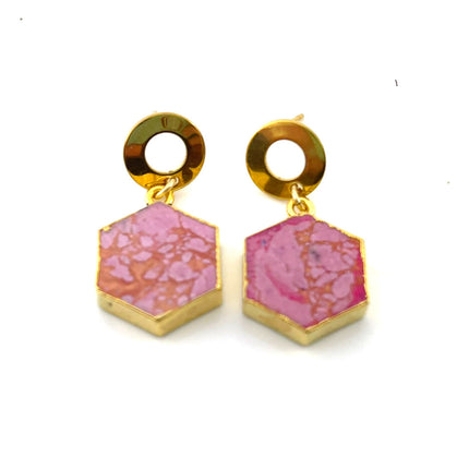 Pink Howlite Hexagon Drop Earrings – Retro Brass Circle Posts – Handmade in Raleigh NC – 1" Gift-Boxed Jewelry