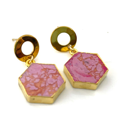 Pink Howlite Hexagon Drop Earrings – Retro Brass Circle Posts – Handmade in Raleigh NC – 1" Gift-Boxed Jewelry