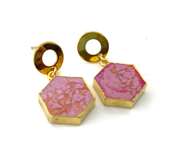 Pink Howlite Hexagon Drop Earrings – Retro Brass Circle Posts – Handmade in Raleigh NC – 1" Gift-Boxed Jewelry