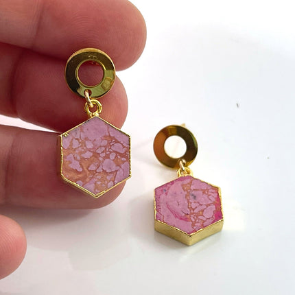 Pink Howlite Hexagon Drop Earrings – Retro Brass Circle Posts – Handmade in Raleigh NC – 1" Gift-Boxed Jewelry