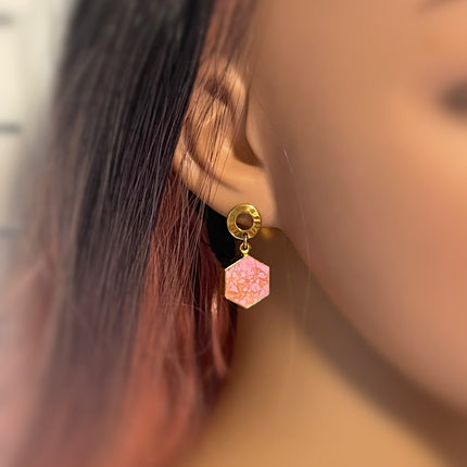 Pink Howlite Hexagon Drop Earrings – Retro Brass Circle Posts – Handmade in Raleigh NC – 1" Gift-Boxed Jewelry