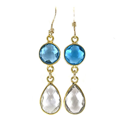 Blue & Clear Hydro Quartz Bezel Drop Earrings – 14k Gold Filled – Handmade in Raleigh NC – 1.5" Gift-Boxed Jewelry