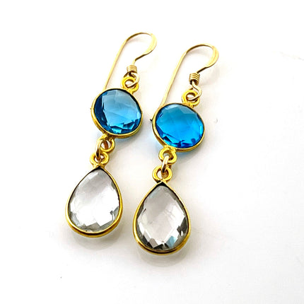 Blue & Clear Hydro Quartz Bezel Drop Earrings – 14k Gold Filled – Handmade in Raleigh NC – 1.5" Gift-Boxed Jewelry