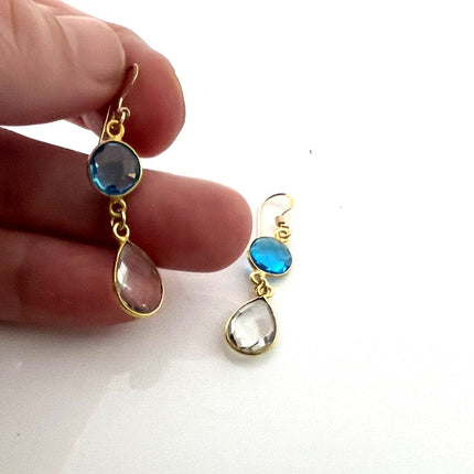 Blue & Clear Hydro Quartz Bezel Drop Earrings – 14k Gold Filled – Handmade in Raleigh NC – 1.5" Gift-Boxed Jewelry