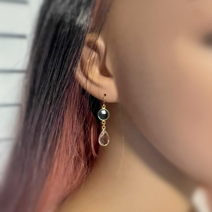 Blue & Clear Hydro Quartz Bezel Drop Earrings – 14k Gold Filled – Handmade in Raleigh NC – 1.5" Gift-Boxed Jewelry