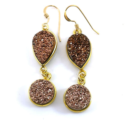 Rose Gold Druzy Drop Earrings – 14k Gold Filled Dangle Design – Handmade in Raleigh NC – 1.75" Gift-Boxed Jewelry