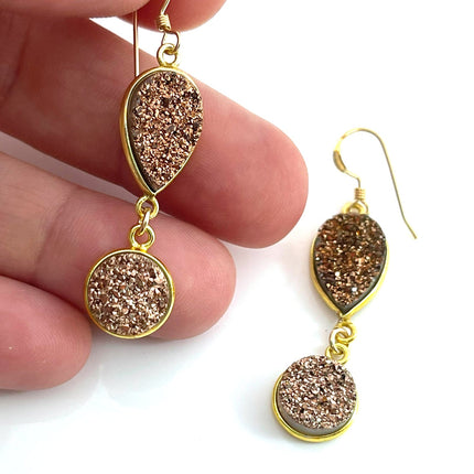 Rose Gold Druzy Drop Earrings – 14k Gold Filled Dangle Design – Handmade in Raleigh NC – 1.75" Gift-Boxed Jewelry