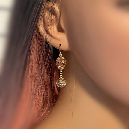 Rose Gold Druzy Drop Earrings – 14k Gold Filled Dangle Design – Handmade in Raleigh NC – 1.75" Gift-Boxed Jewelry