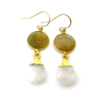 Golden Sapphire & Moonstone Bezel Drop Earrings – 14k Gold Filled – Handmade in Raleigh NC – Gift-Boxed Jewelry