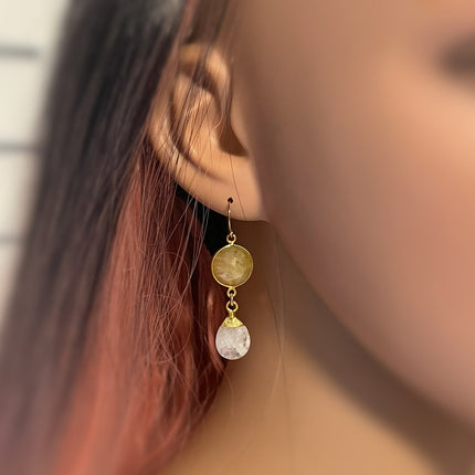 Golden Sapphire & Moonstone Bezel Drop Earrings – 14k Gold Filled – Handmade in Raleigh NC – Gift-Boxed Jewelry