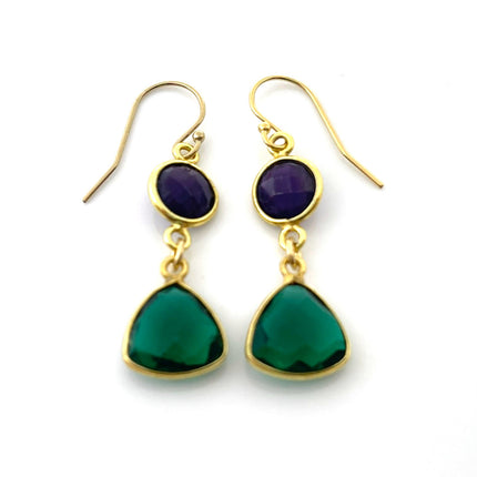 Amethyst & Green Hydro Quartz Bezel Drop Earrings – 14k Gold Filled – Handmade in Raleigh NC – 1.5" Gift-Boxed Jewelry