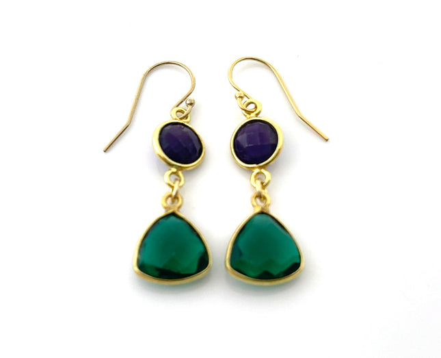 Amethyst & Green Hydro Quartz Bezel Drop Earrings – 14k Gold Filled – Handmade in Raleigh NC – 1.5" Gift-Boxed Jewelry