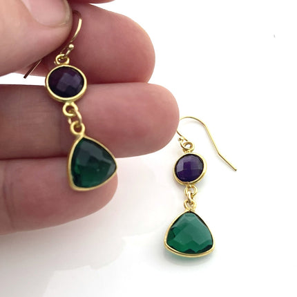 Amethyst & Green Hydro Quartz Bezel Drop Earrings – 14k Gold Filled – Handmade in Raleigh NC – 1.5" Gift-Boxed Jewelry
