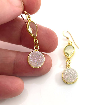 Lemon Quartz & White Druzy Drop Earrings – 14k Gold Filled – Handmade in Raleigh NC – 1.5" Gift-Boxed Jewelry